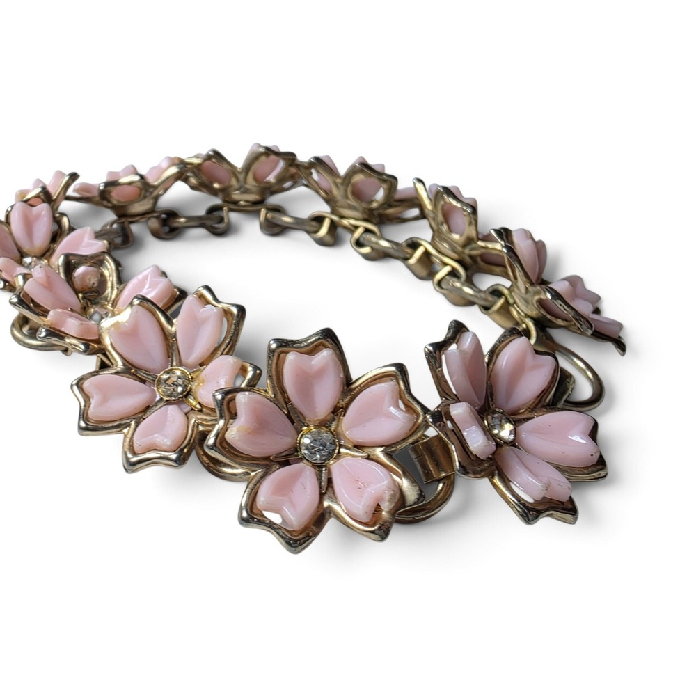 Vintage Mid-Century Pink Lucite Rhinestone Floral Cherry Blossom Link Bracelet